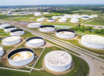FILE PHOTO: Crude oil storage tanks are seen in an aerial photograph at the Cushing oil hub